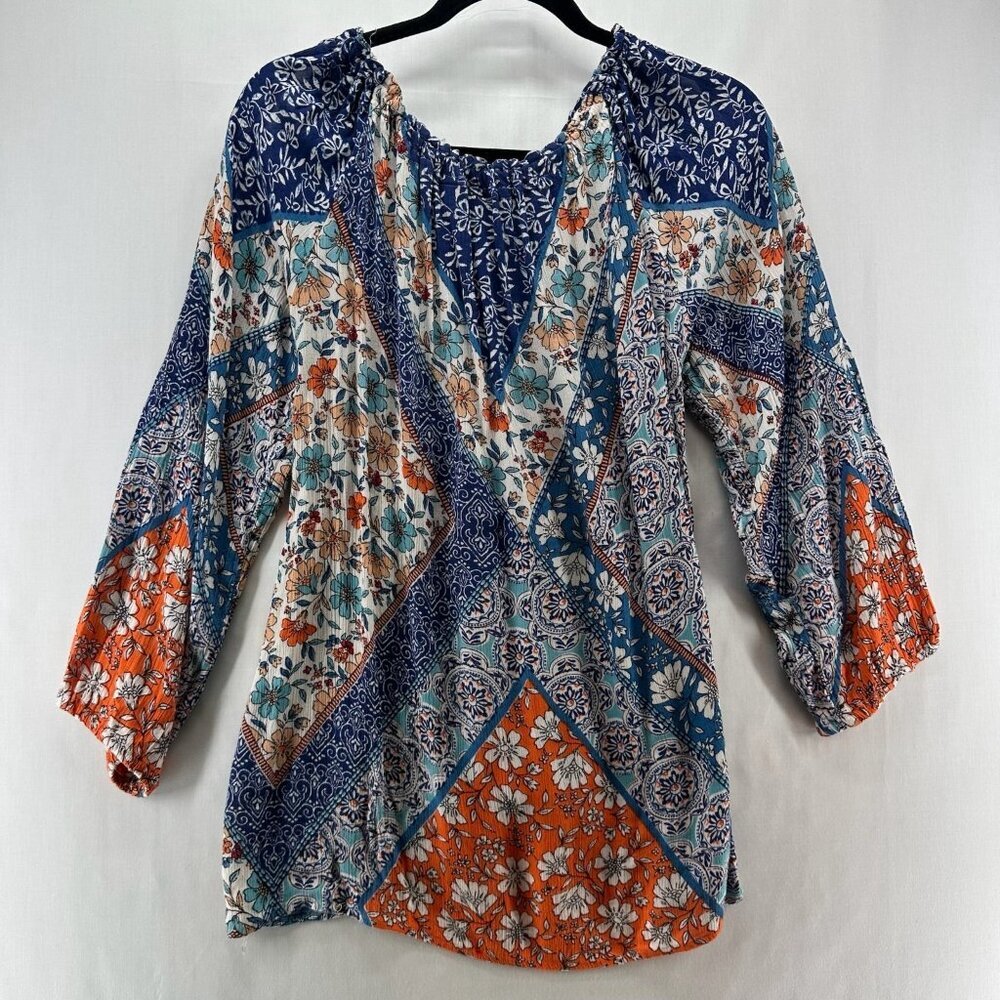 Lola P. Top Size L Peasant Boho Floral Blouse Shirred Tasseled Slit Sleeve Blue - Picture 2 of 10